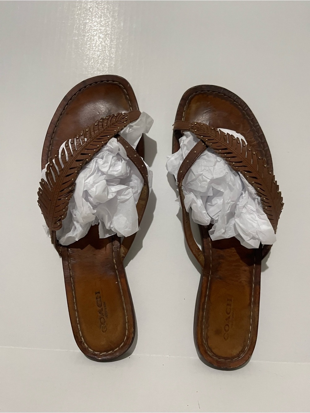 Coach Women’s Brown Leather Feather-Trim Slide Sandals